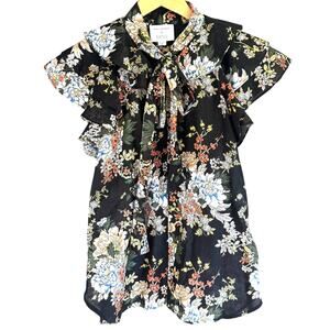 Robert Rodriguez Barneys NY Silk Blend Floral Flutter Sleeve Tie Neck Blouse M